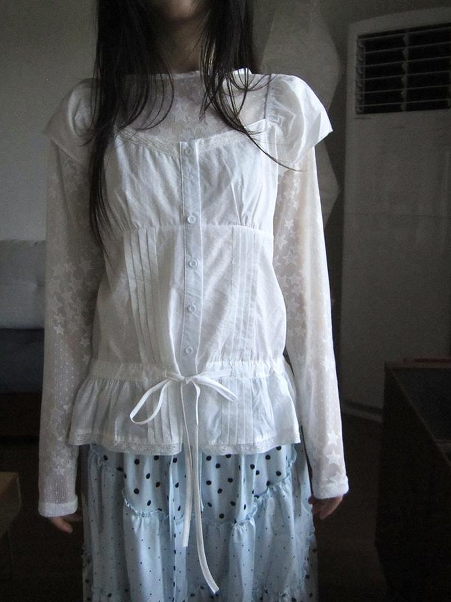 ang project Lace Trimmed Tied Waist Pleated Short Sleeve Blouse