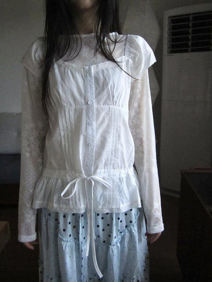 Lace Trimmed Tied Waist Pleated Short Sleeve Blouse