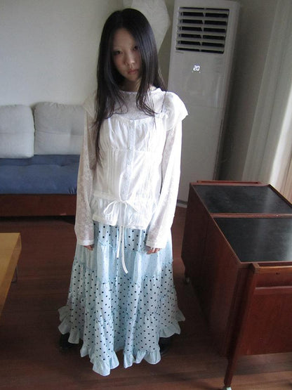 ang project Lace Trimmed Tied Waist Pleated Short Sleeve Blouse