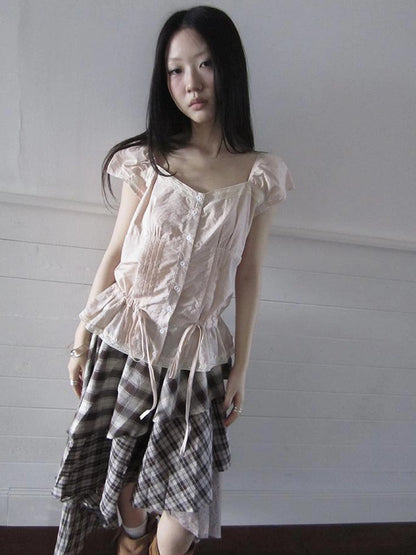 Lace Trimmed Tied Waist Pleated Short Sleeve Blouse