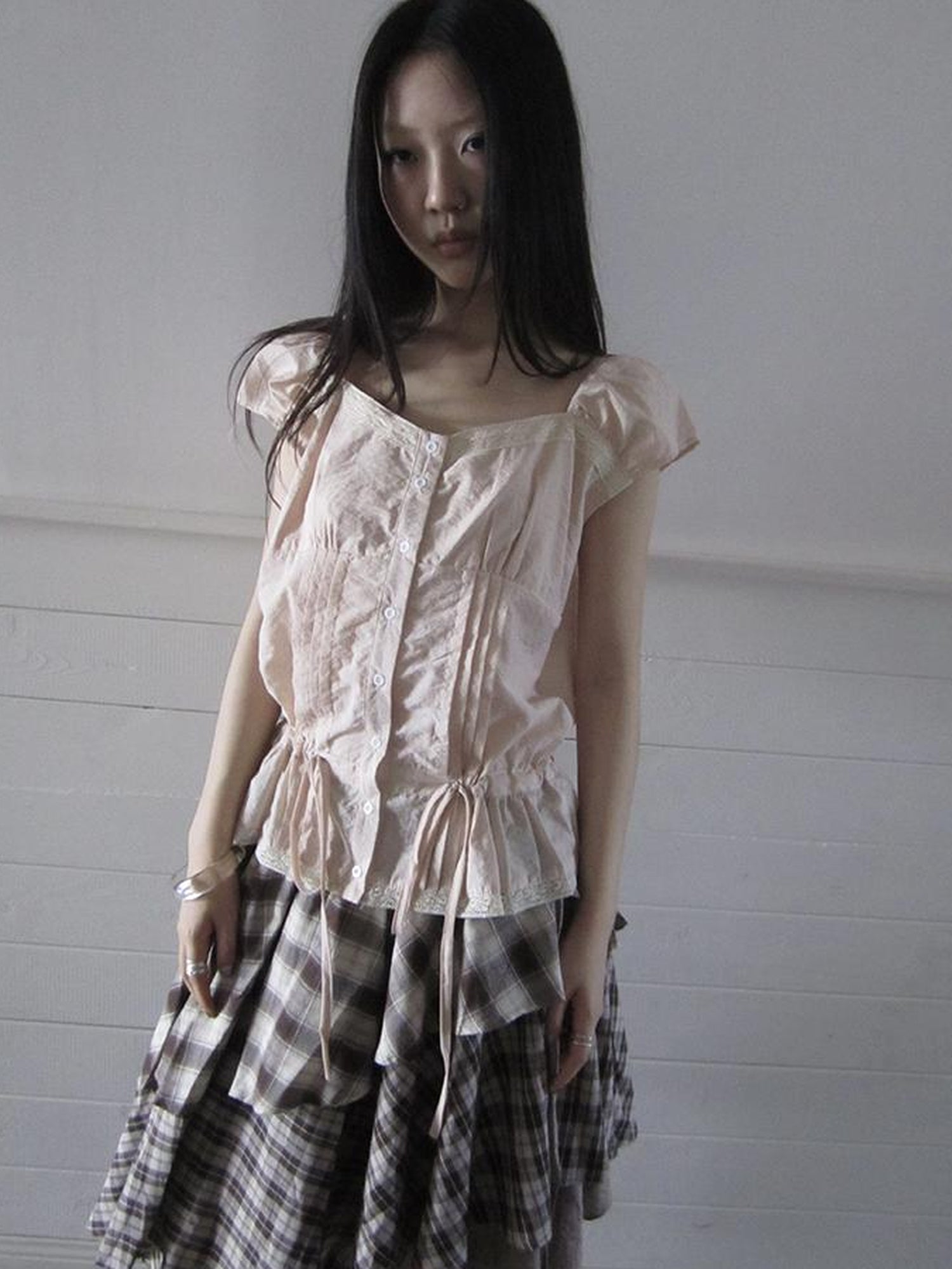 ang project Lace Trimmed Tied Waist Pleated Short Sleeve Blouse