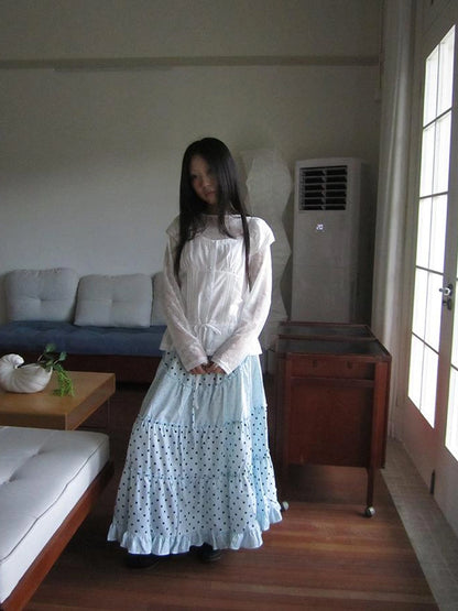 Lace Trimmed Tied Waist Pleated Short Sleeve Blouse