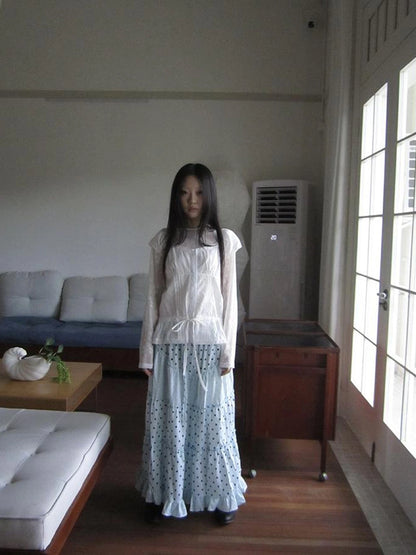 Lace Trimmed Tied Waist Pleated Short Sleeve Blouse