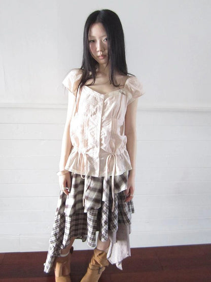 Lace Trimmed Tied Waist Pleated Short Sleeve Blouse