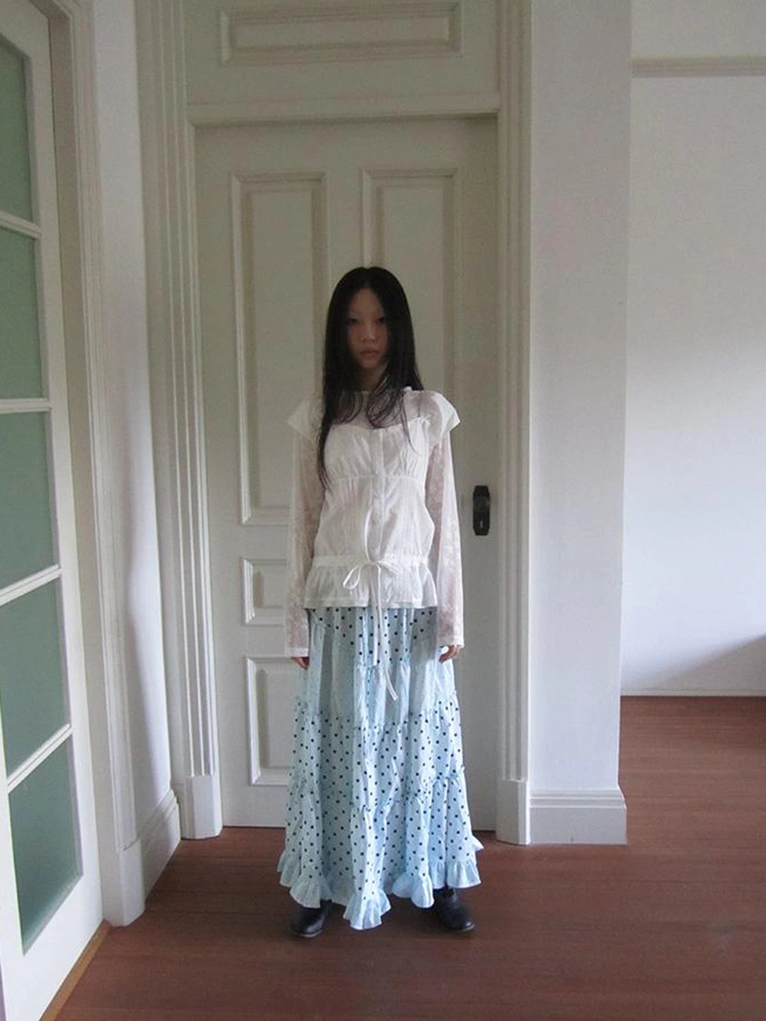 Lace Trimmed Tied Waist Pleated Short Sleeve Blouse