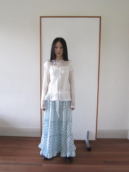 ang project Lace Trimmed Tied Waist Pleated Short Sleeve Blouse