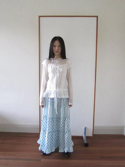 Lace Trimmed Tied Waist Pleated Short Sleeve Blouse