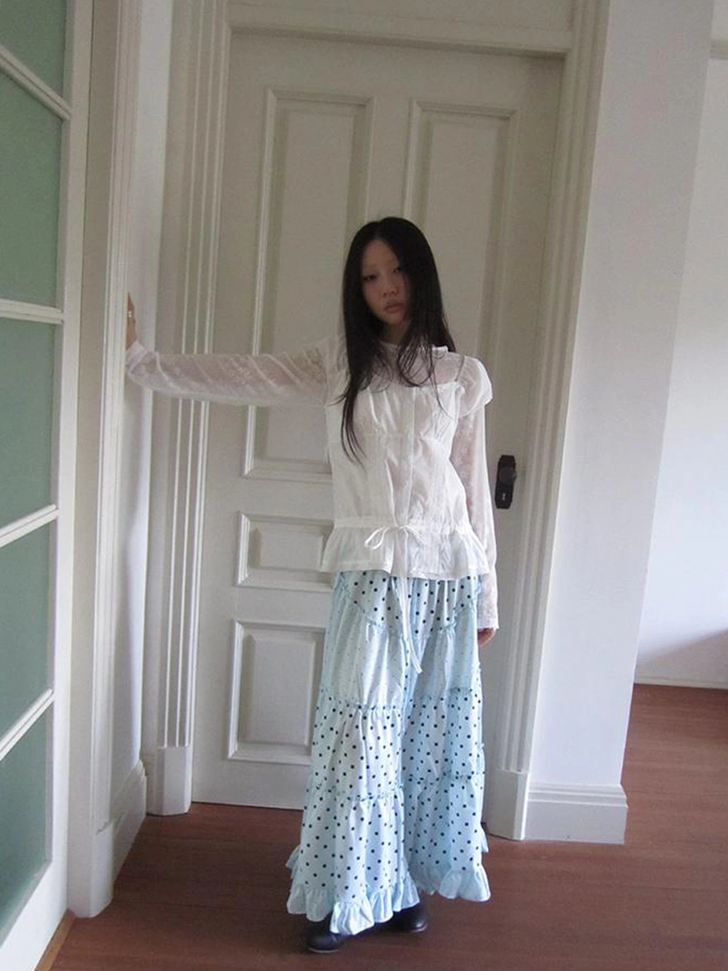 Lace Trimmed Tied Waist Pleated Short Sleeve Blouse