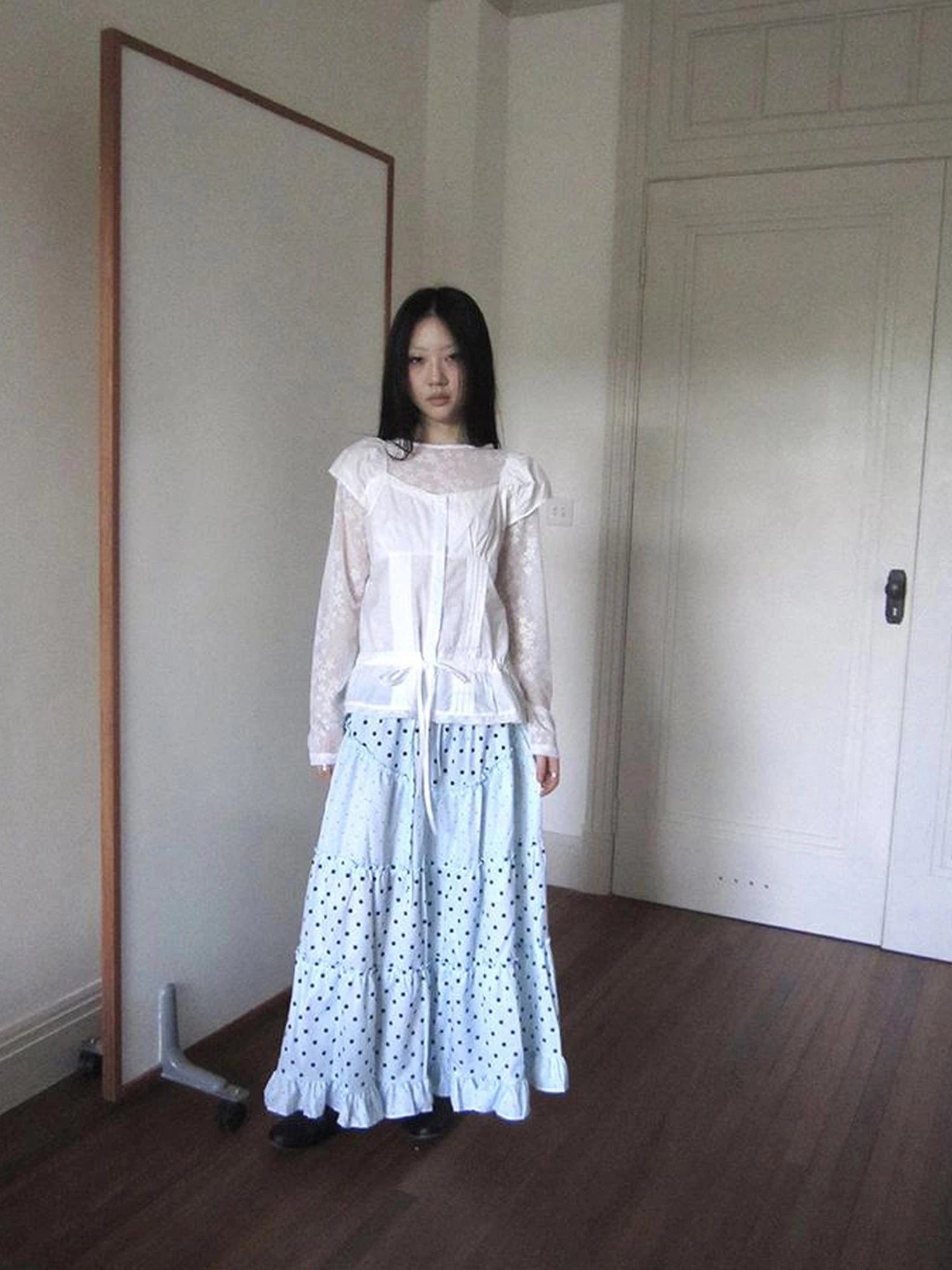 Lace Trimmed Tied Waist Pleated Short Sleeve Blouse