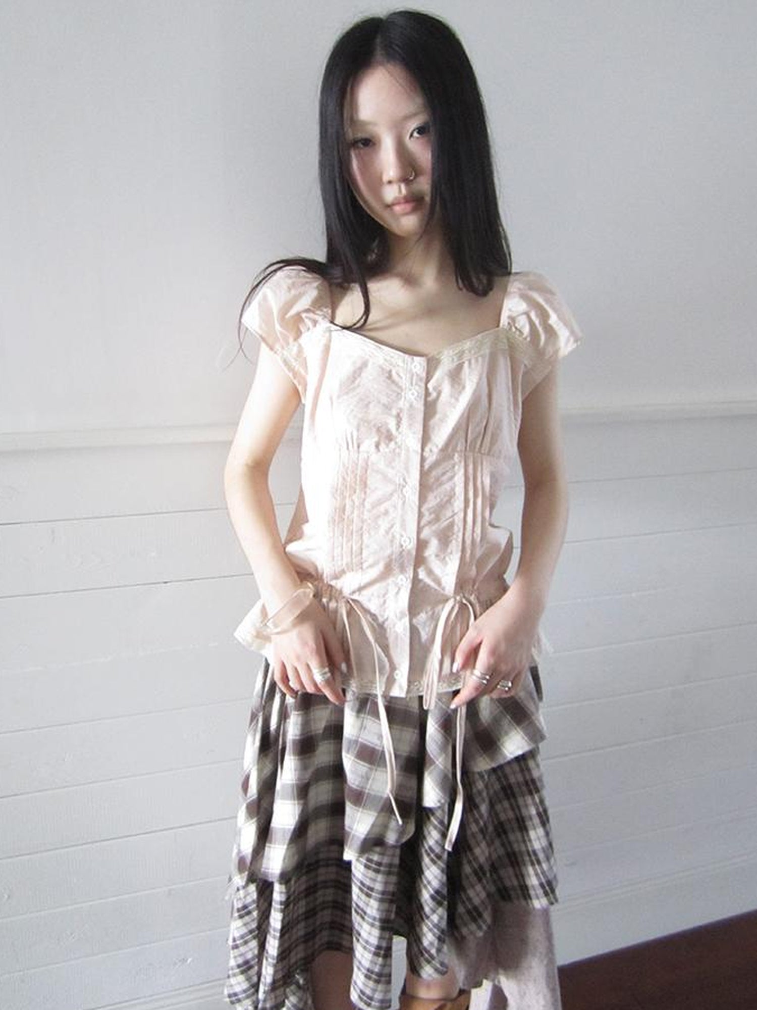 ang project Lace Trimmed Tied Waist Pleated Short Sleeve Blouse
