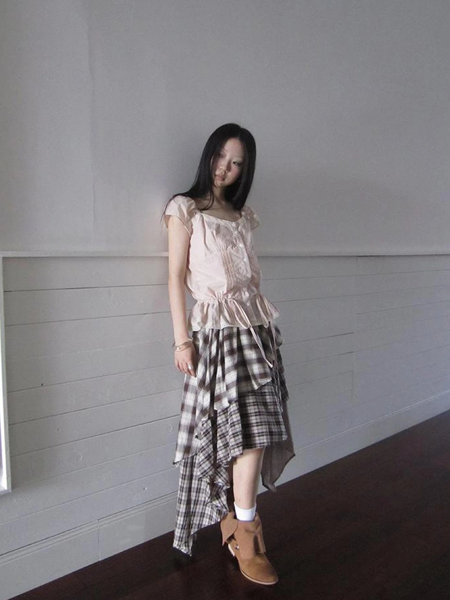 Lace Trimmed Tied Waist Pleated Short Sleeve Blouse