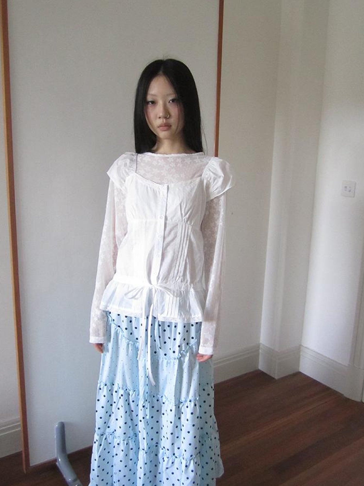 ang project Lace Trimmed Tied Waist Pleated Short Sleeve Blouse