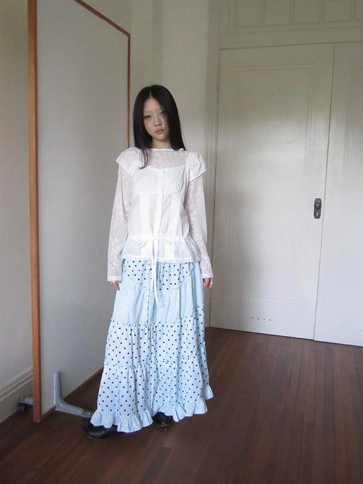 Lace Trimmed Tied Waist Pleated Short Sleeve Blouse