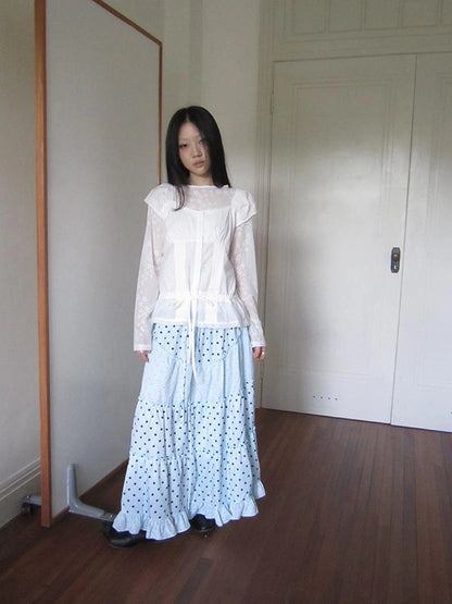 Lace Trimmed Tied Waist Pleated Short Sleeve Blouse