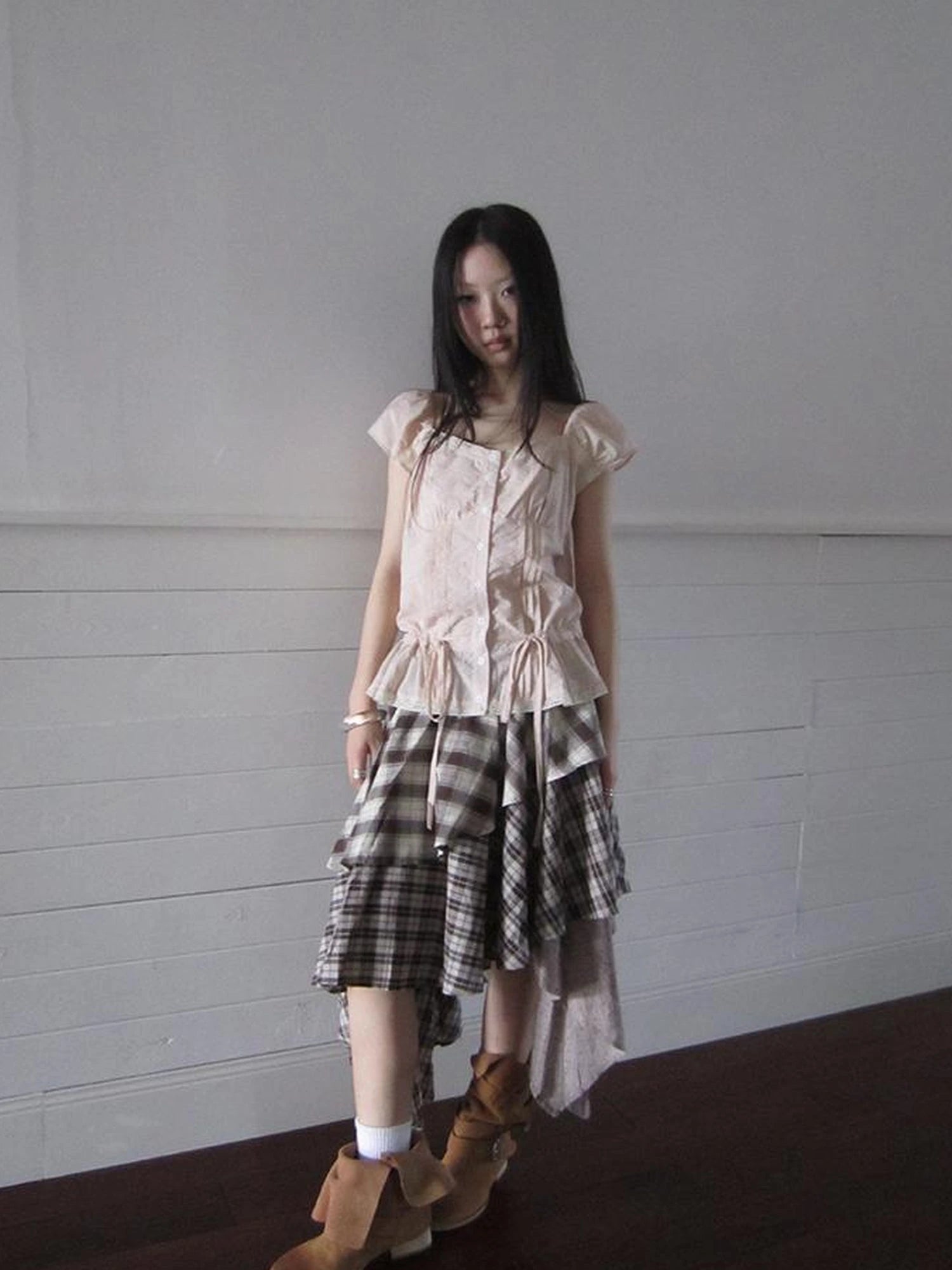 Lace Trimmed Tied Waist Pleated Short Sleeve Blouse