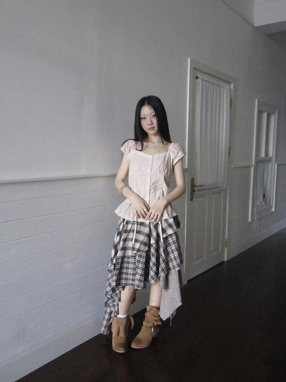 Lace Trimmed Tied Waist Pleated Short Sleeve Blouse