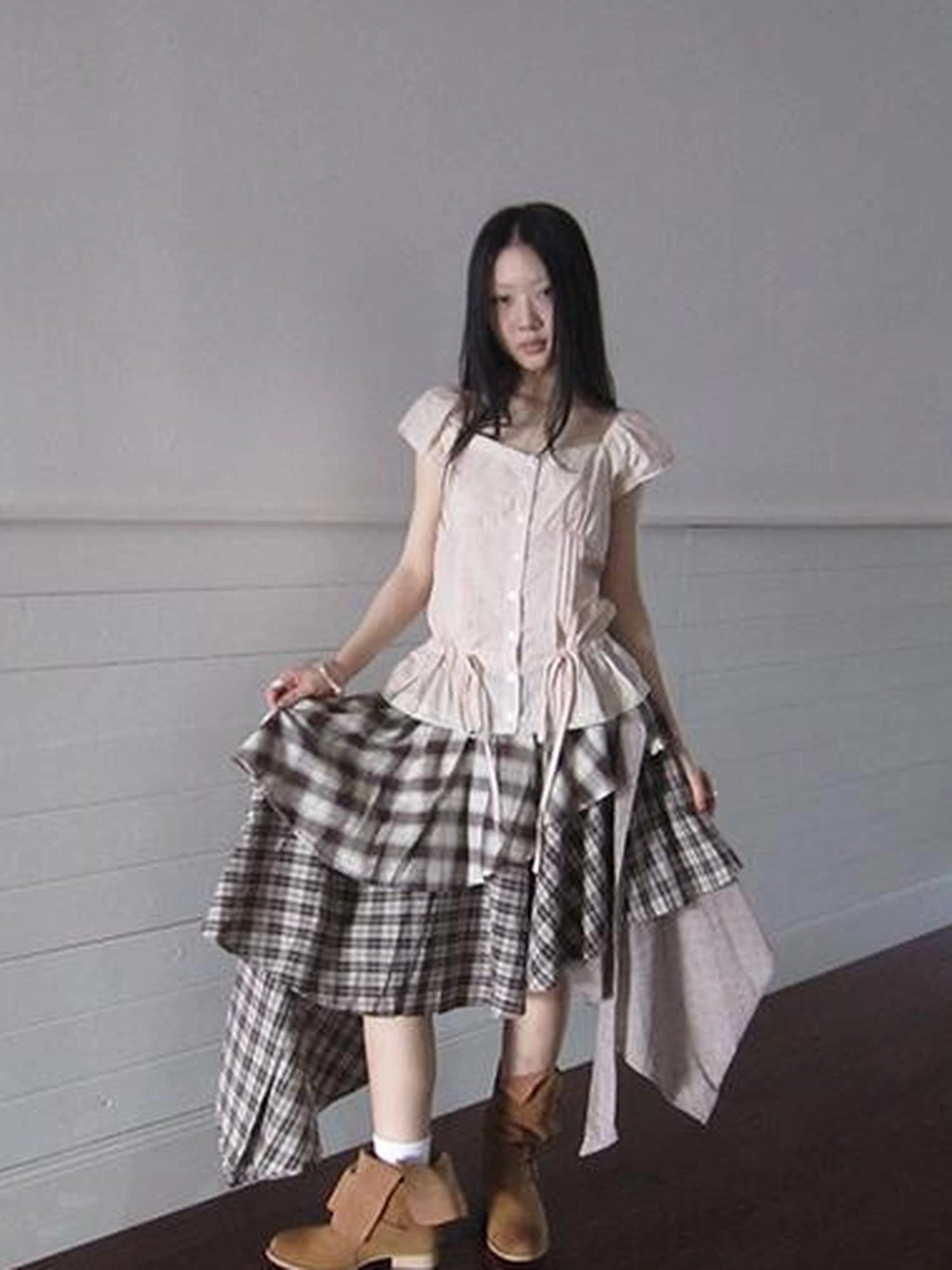 Lace Trimmed Tied Waist Pleated Short Sleeve Blouse