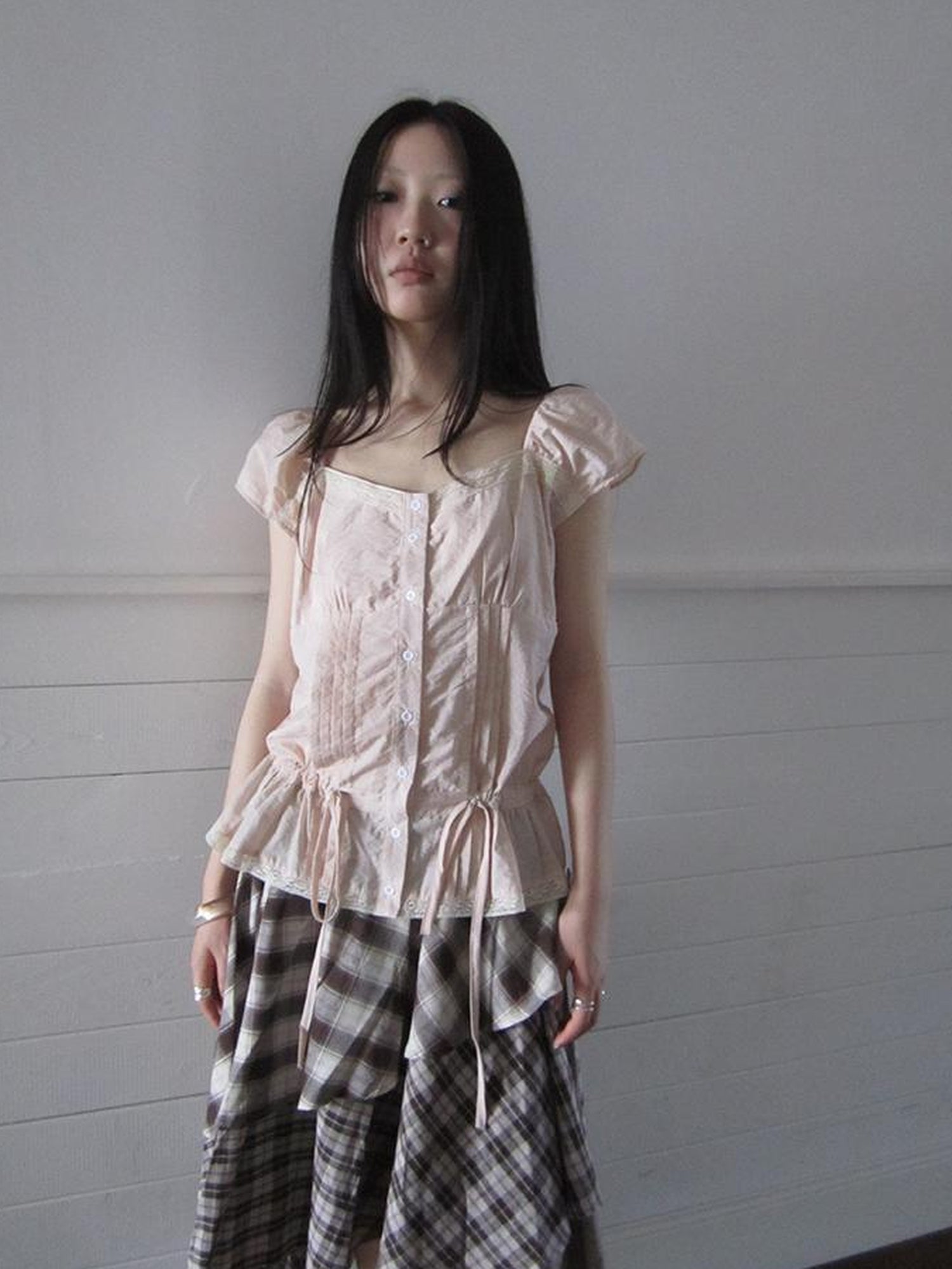 ang project Lace Trimmed Tied Waist Pleated Short Sleeve Blouse