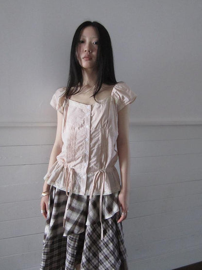 ang project Lace Trimmed Tied Waist Pleated Short Sleeve Blouse