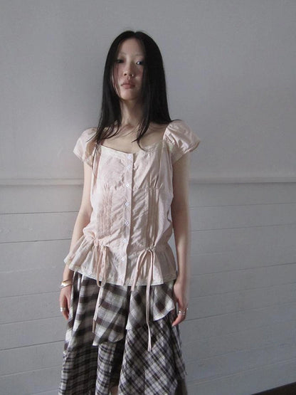 Lace Trimmed Tied Waist Pleated Short Sleeve Blouse