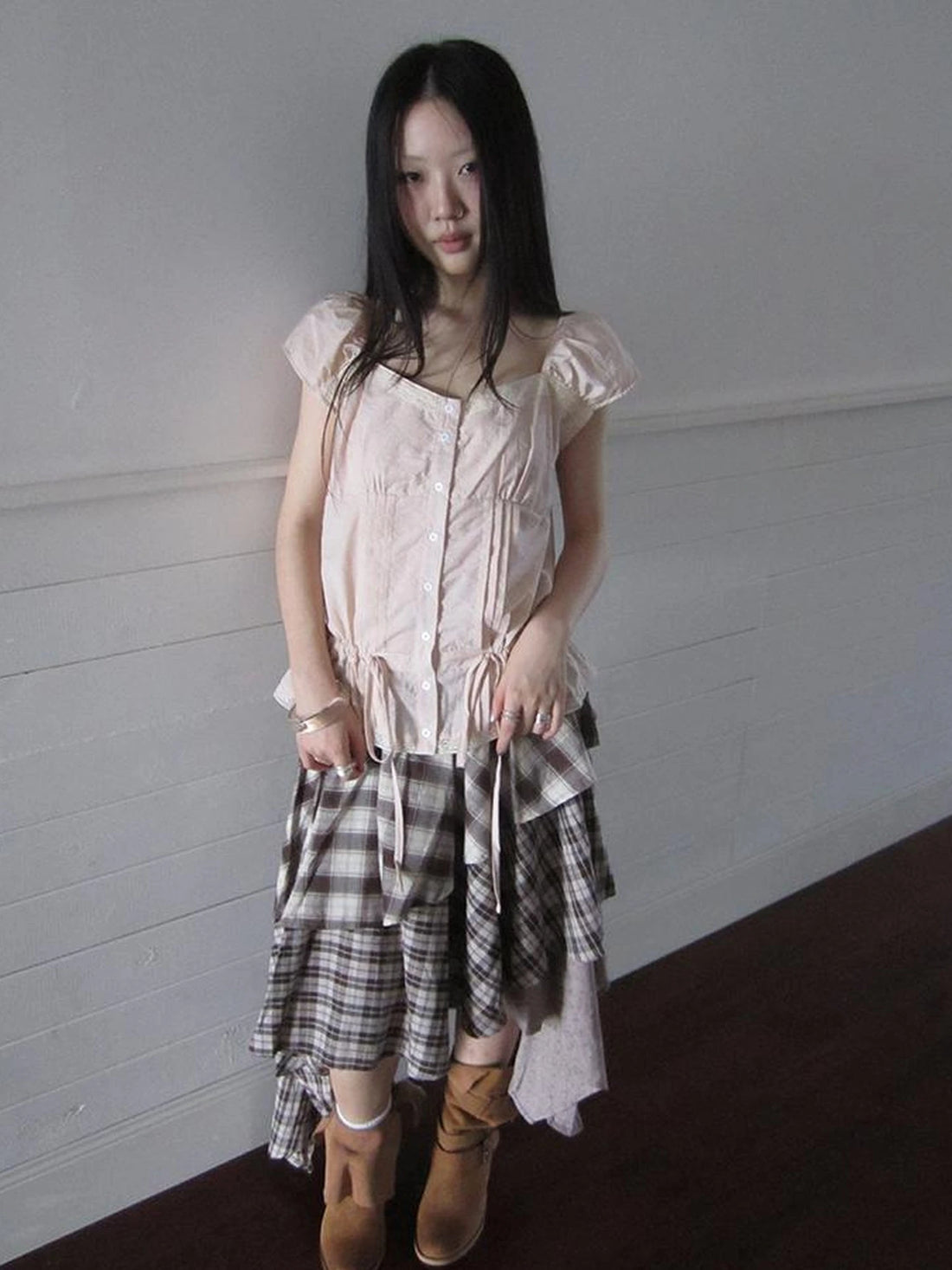 Lace Trimmed Tied Waist Pleated Short Sleeve Blouse