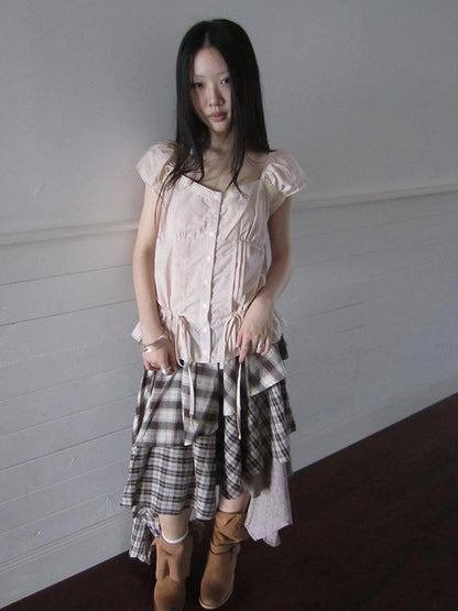 Lace Trimmed Tied Waist Pleated Short Sleeve Blouse