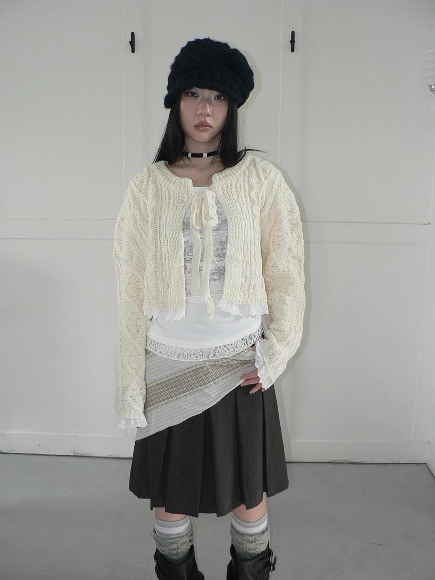 ang project Layered Lace Trim Cropped Cable Knit Sweater Sweater