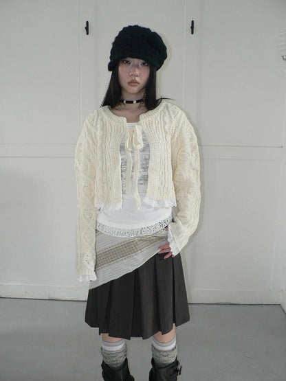 ang project Layered Lace Trim Cropped Cable Knit Sweater Sweater