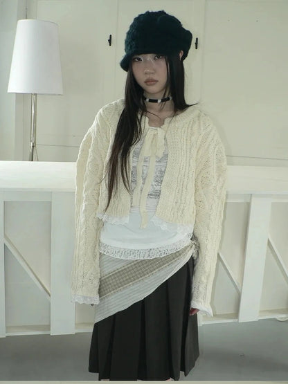 ang project Layered Lace Trim Cropped Cable Knit Sweater Sweater