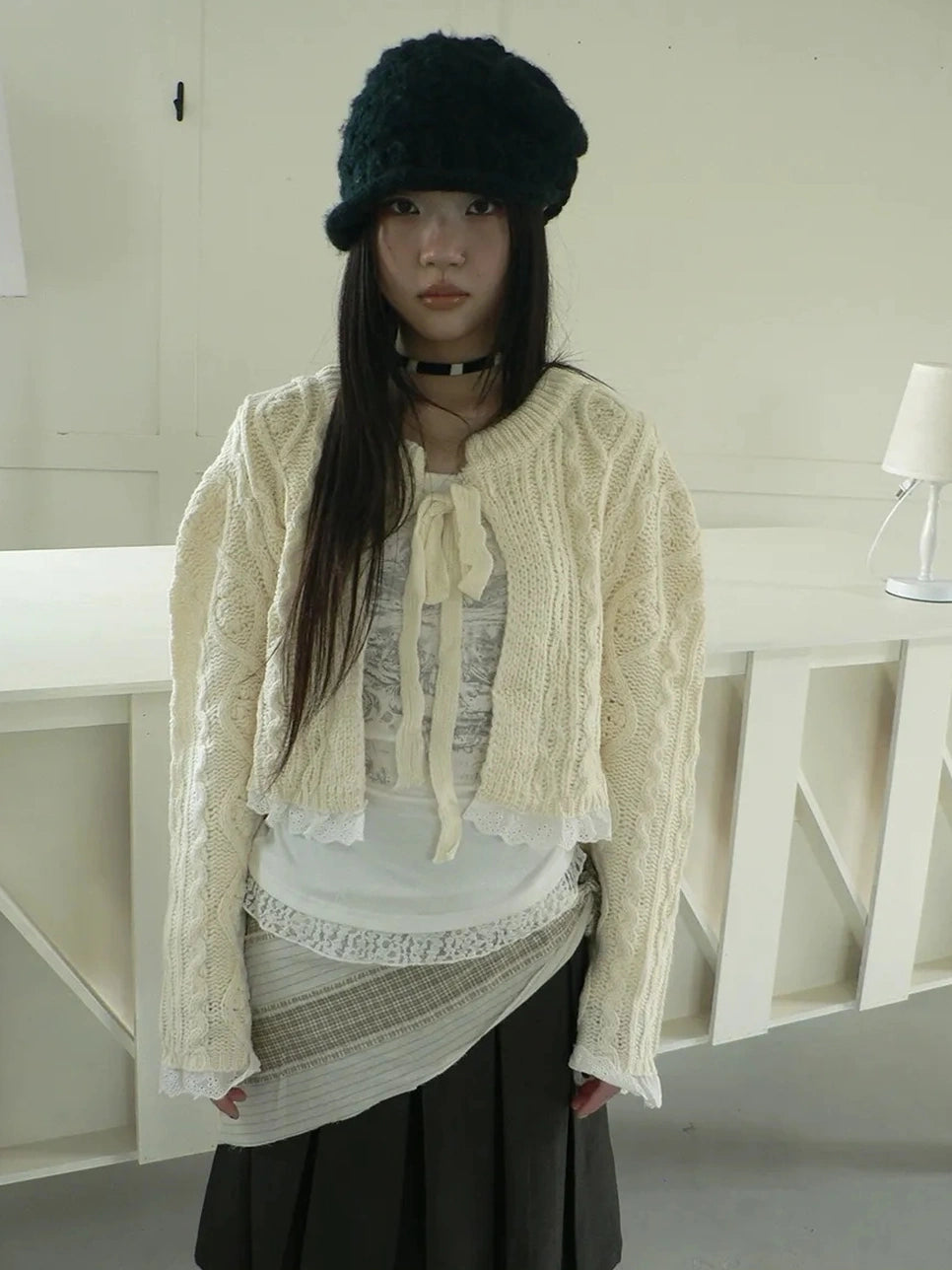 ang project Layered Lace Trim Cropped Cable Knit Sweater Sweater