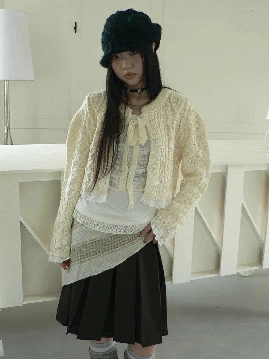 ang project Layered Lace Trim Cropped Cable Knit Sweater Sweater