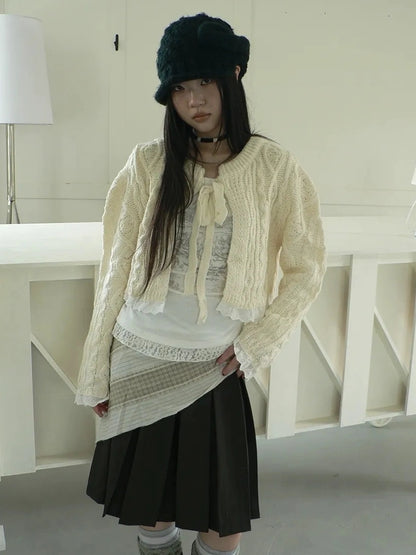 ang project Layered Lace Trim Cropped Cable Knit Sweater Sweater