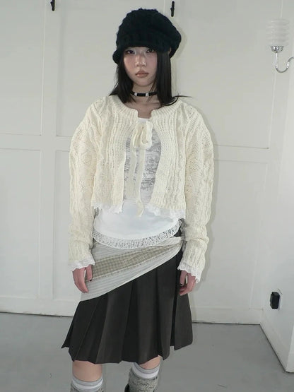 ang project Layered Lace Trim Cropped Cable Knit Sweater Sweater