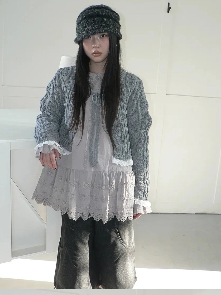 ang project Layered Lace Trim Cropped Cable Knit Sweater Sweater