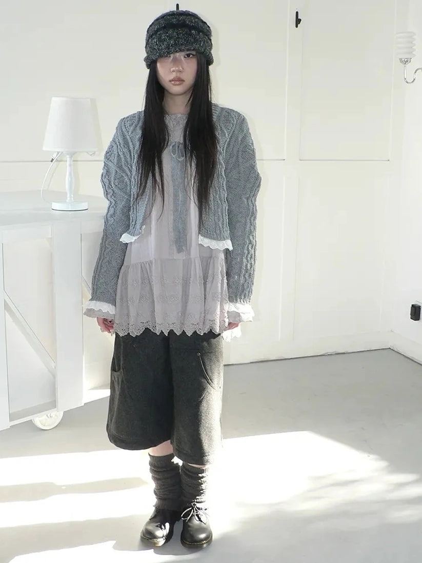 ang project Layered Lace Trim Cropped Cable Knit Sweater Sweater