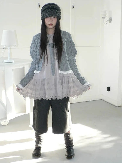 ang project Layered Lace Trim Cropped Cable Knit Sweater Sweater