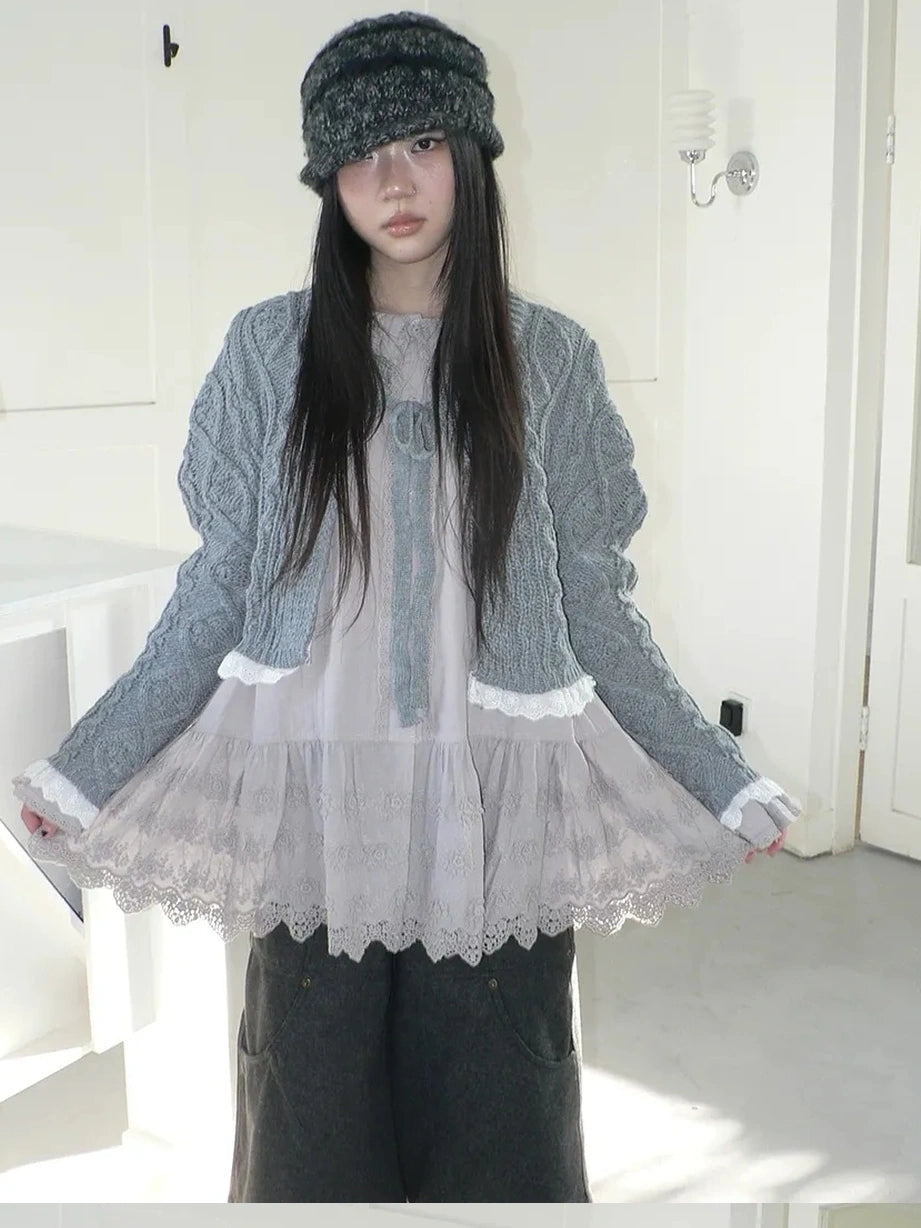 ang project Layered Lace Trim Cropped Cable Knit Sweater Sweater