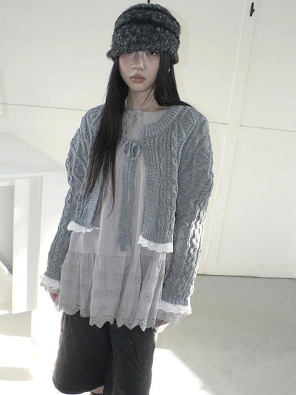 ang project Layered Lace Trim Cropped Cable Knit Sweater Sweater