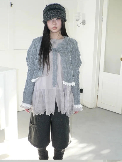 ang project Layered Lace Trim Cropped Cable Knit Sweater Sweater