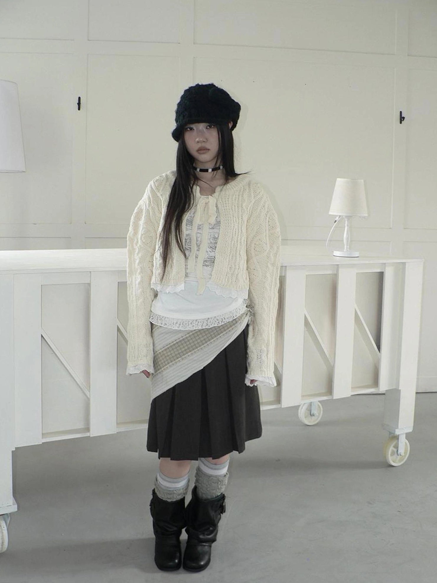 ang project Layered Lace Trim Cropped Cable Knit Sweater Sweater