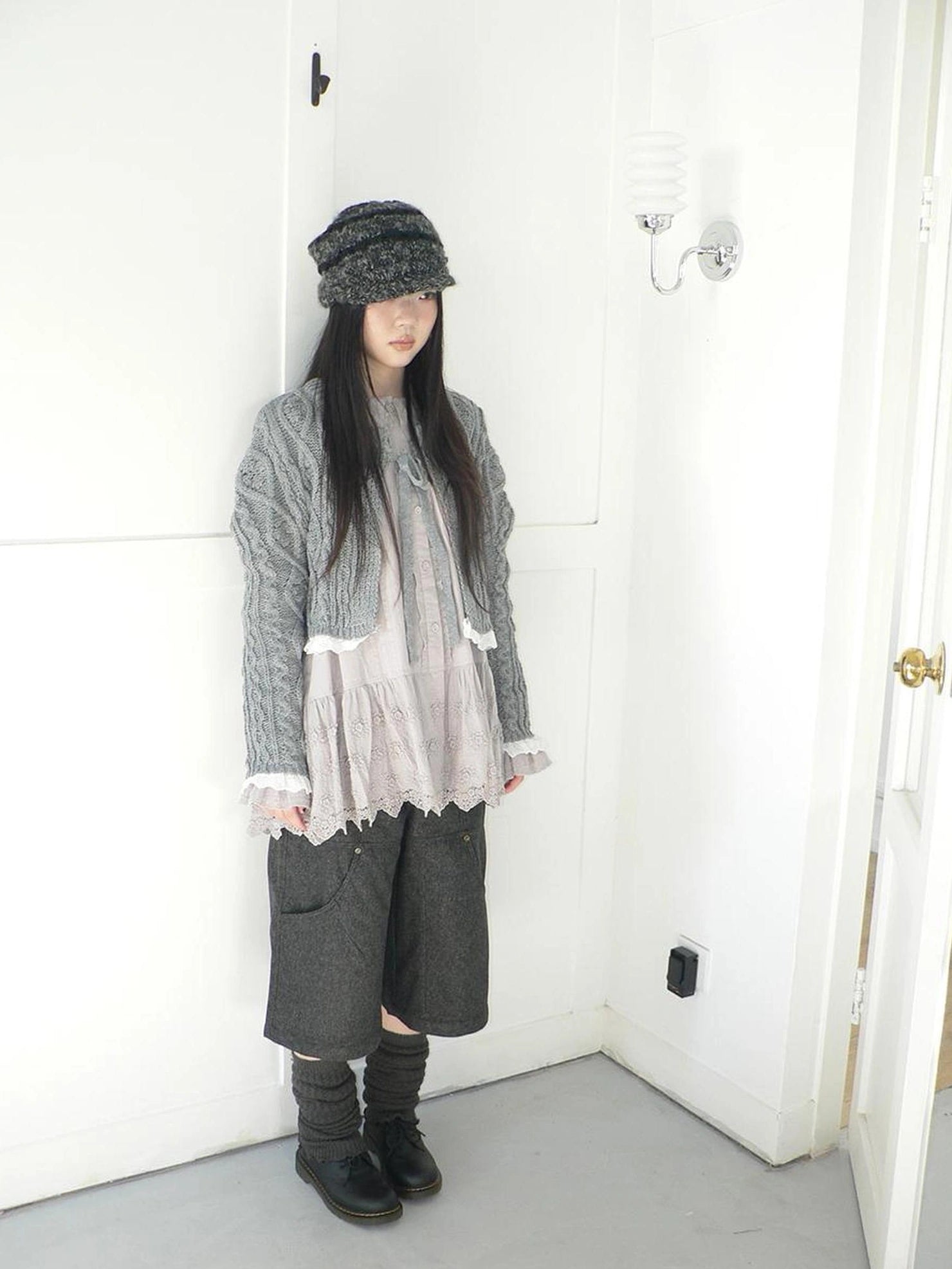 ang project Layered Lace Trim Cropped Cable Knit Sweater Sweater