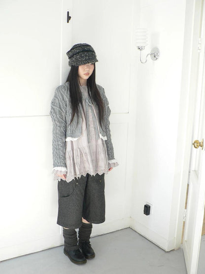 ang project Layered Lace Trim Cropped Cable Knit Sweater Sweater