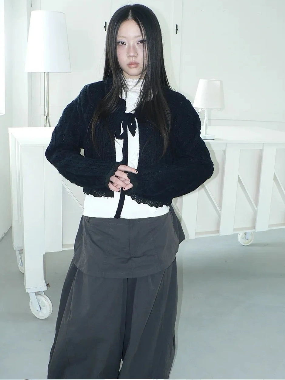 ang project Layered Lace Trim Cropped Cable Knit Sweater Sweater