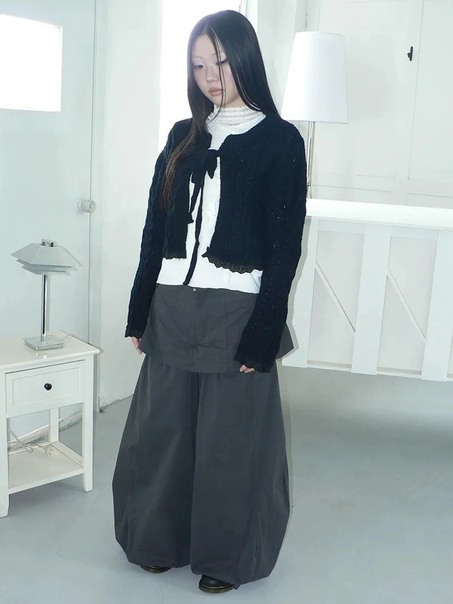 ang project Layered Lace Trim Cropped Cable Knit Sweater Sweater