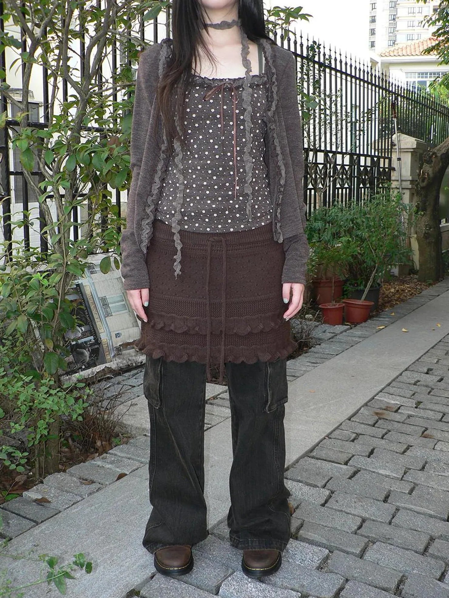 ang project Layered Lace Trim Drawstring Knit Mini Skirt Skirt