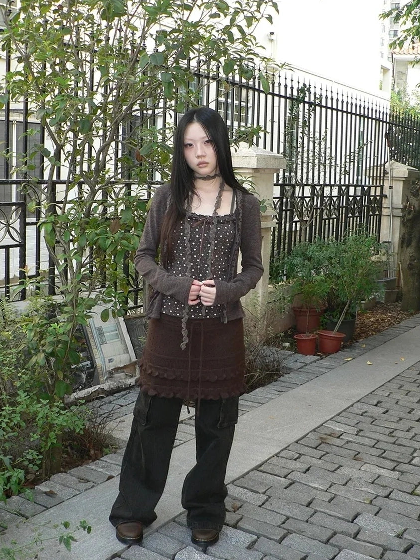 ang project Layered Lace Trim Drawstring Knit Mini Skirt Skirt