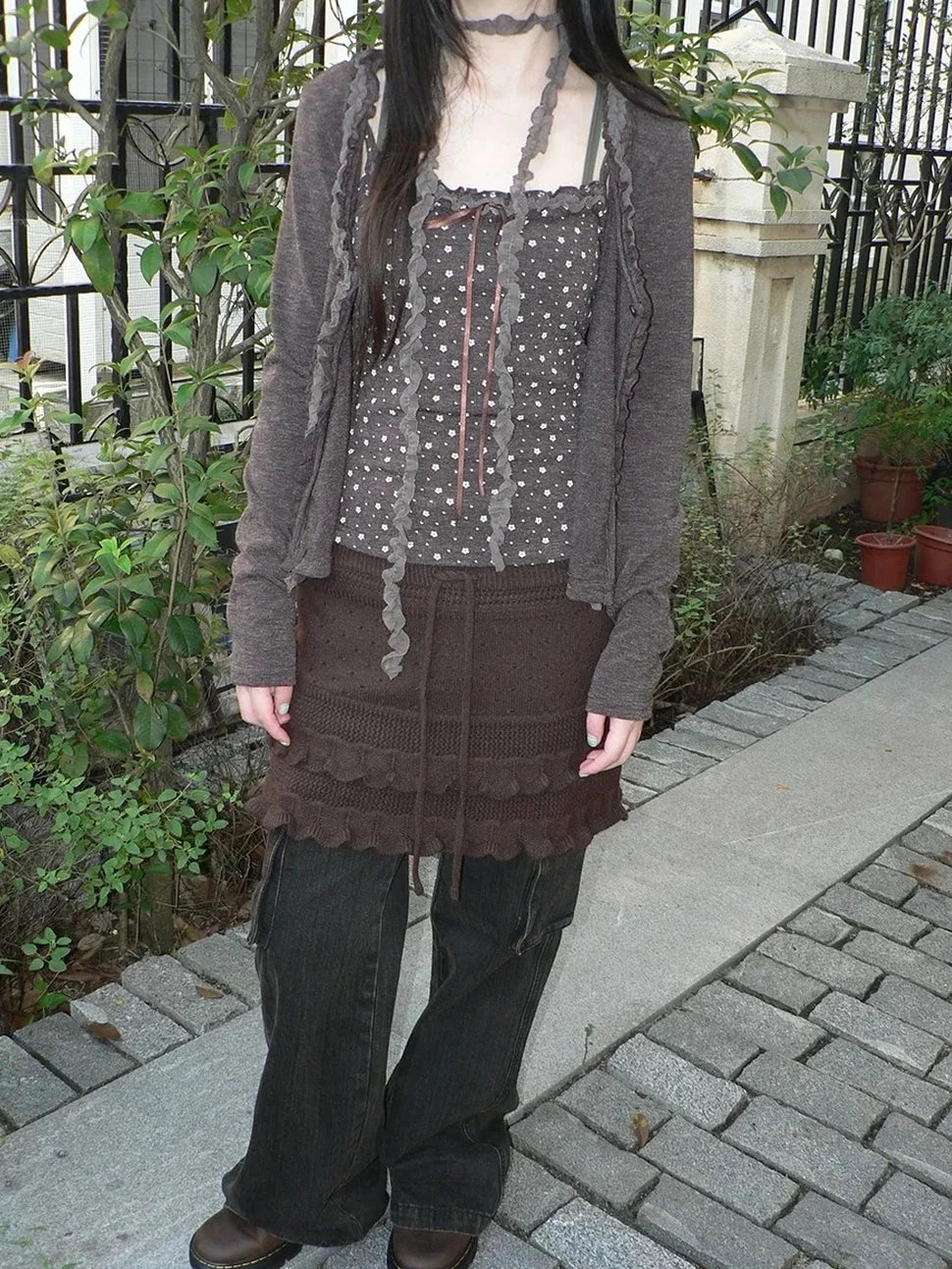 ang project Layered Lace Trim Drawstring Knit Mini Skirt Skirt