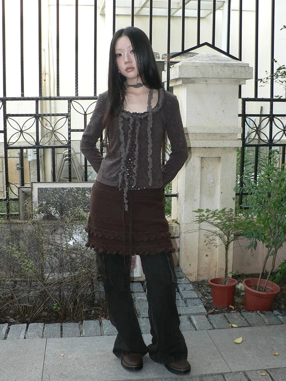 ang project Layered Lace Trim Drawstring Knit Mini Skirt Skirt