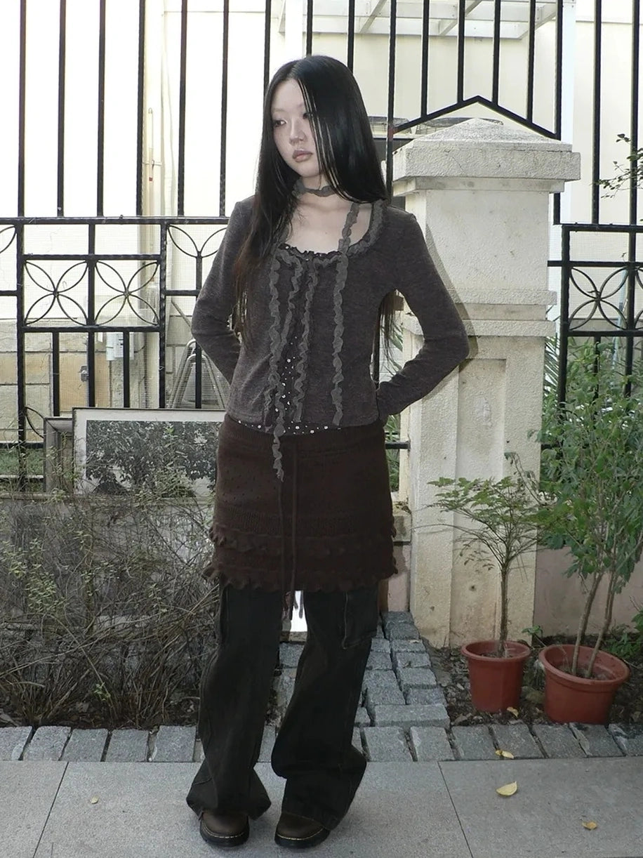 ang project Layered Lace Trim Drawstring Knit Mini Skirt Skirt