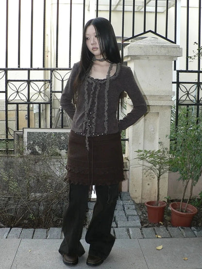 ang project Layered Lace Trim Drawstring Knit Mini Skirt Skirt